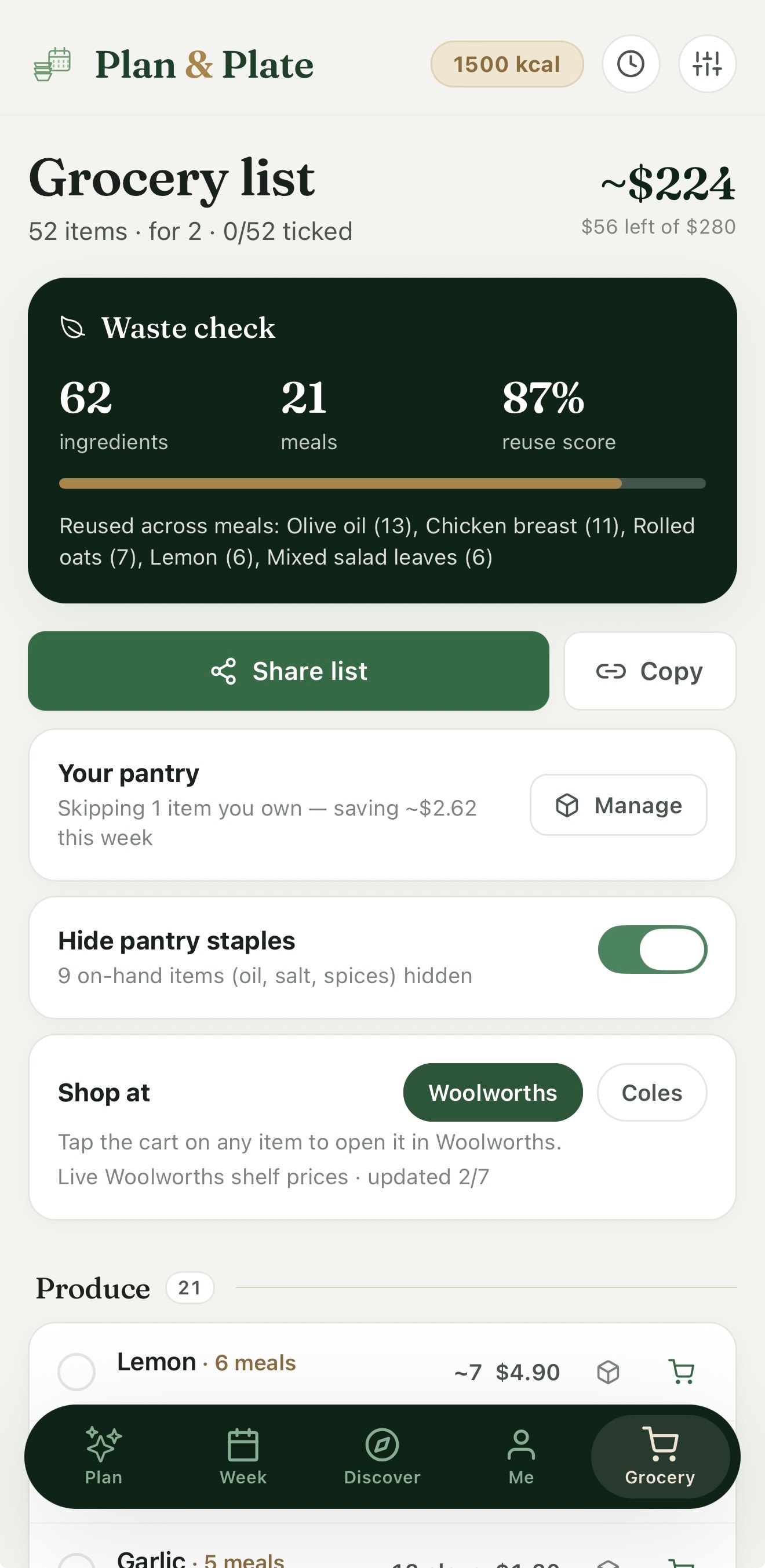 Discover recipes screen